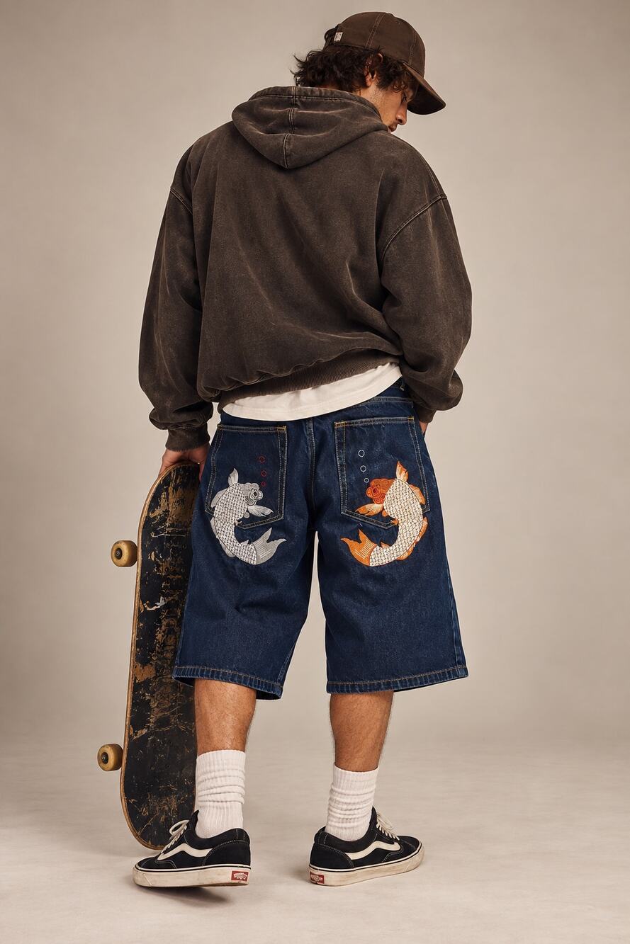 Vintage Y2K Evisu Koi Fish Embroidery Denim Jorts 42 Japanese Streetwear Grail